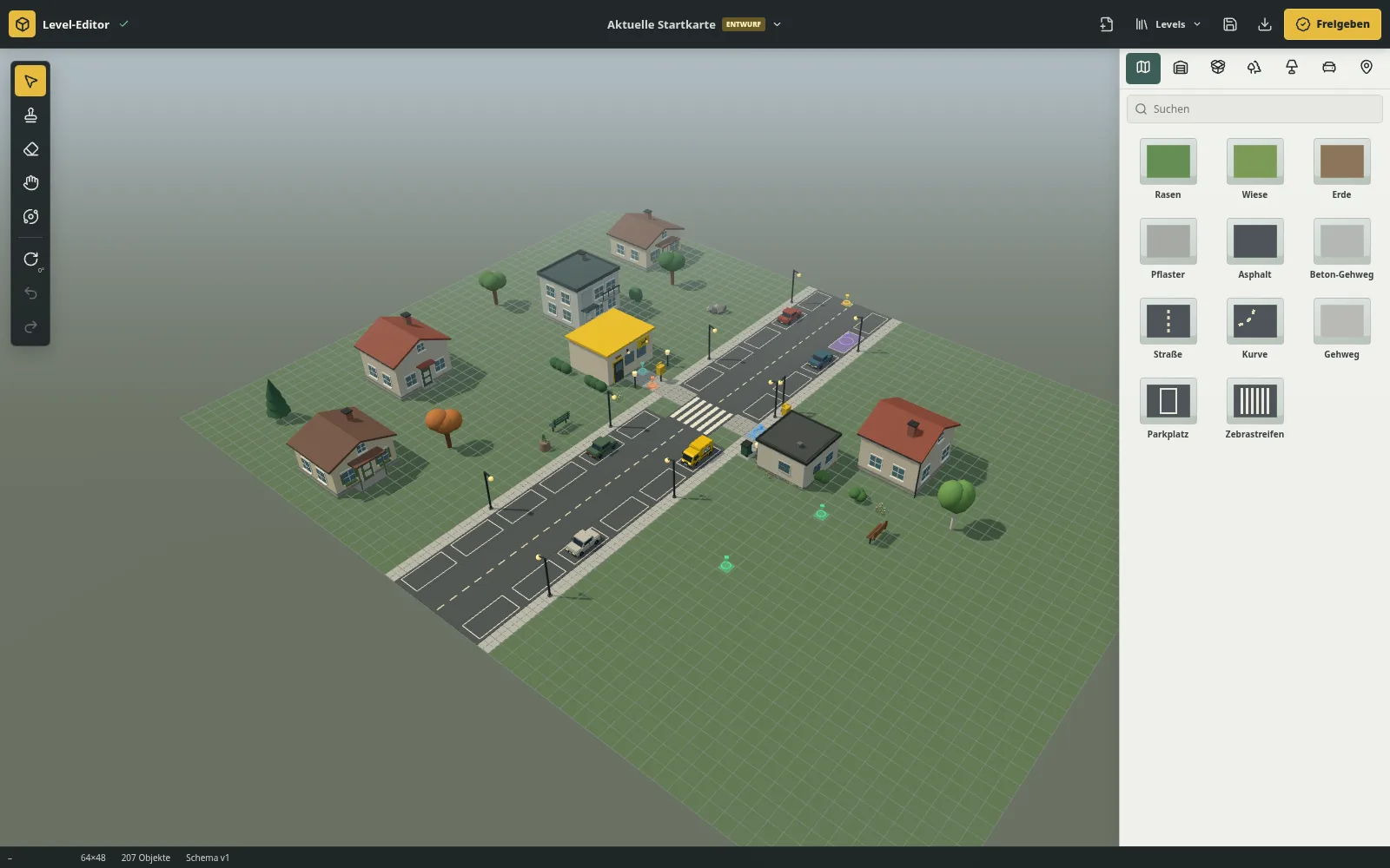 Level-Editor mit der Wohnstraße, Garage, Postfiliale und Objektpalette